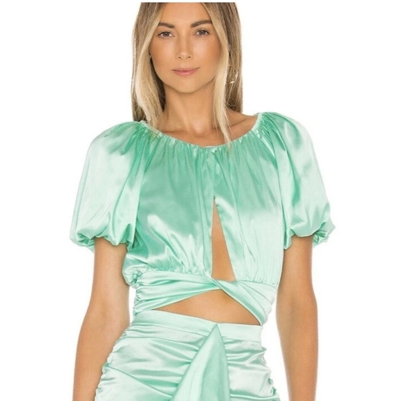 For Love & Lemons NWOT Short Puff Sleeve Tie Cropped Top In Mint Green Size XS - Picture 1 of 16